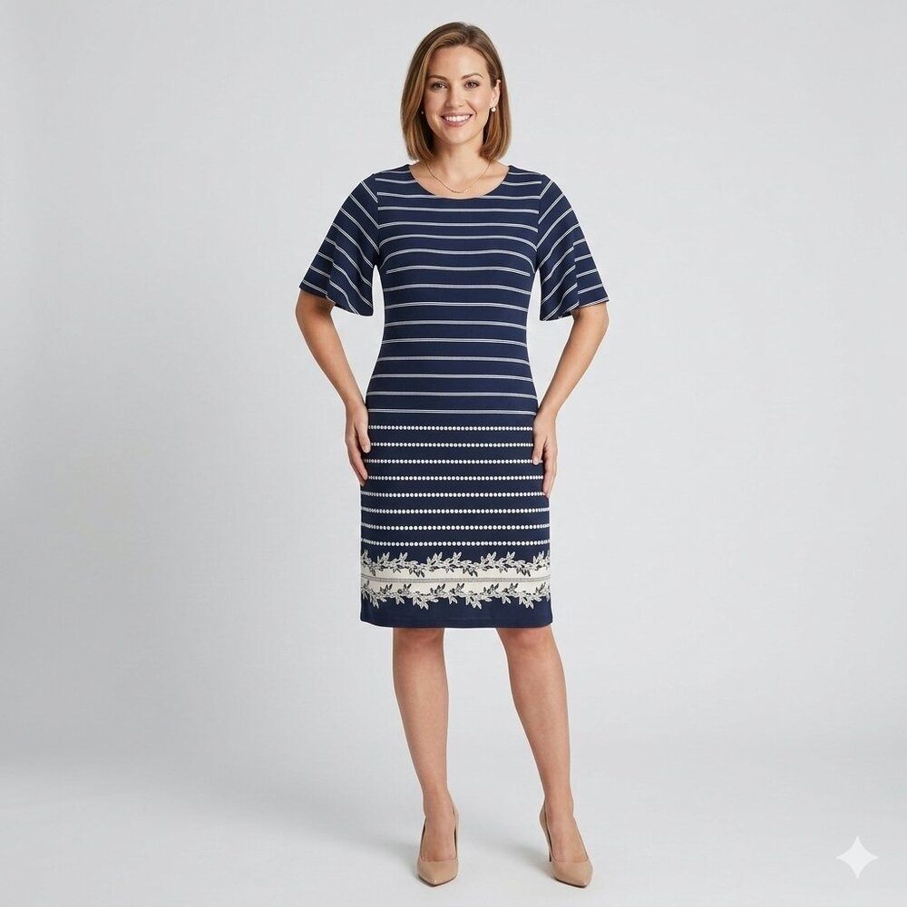 Charter Club Dress Navy White Striped Midi Floral Hem Batwing Dolman Sleeve XXL